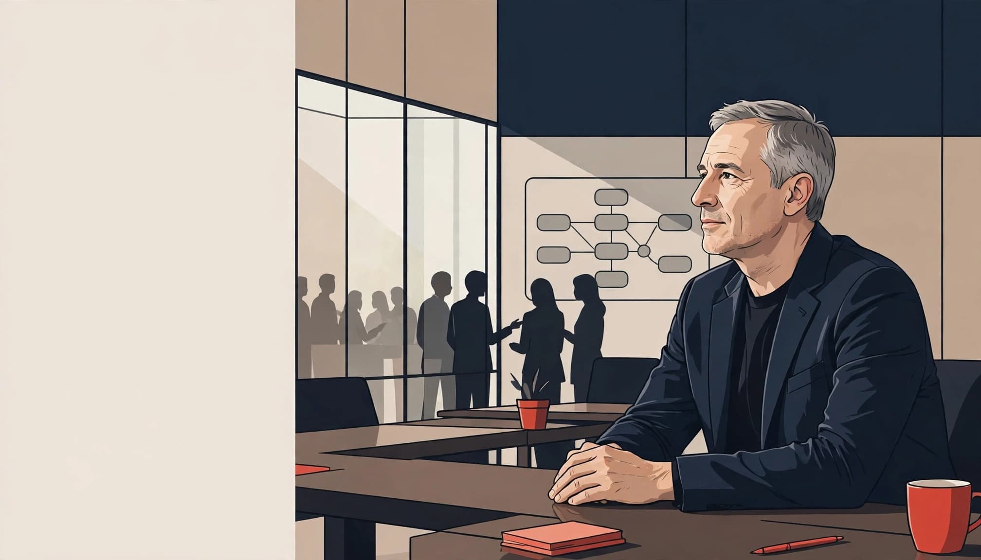 A technology leader listens to an engineering manager in a modern boardroom.