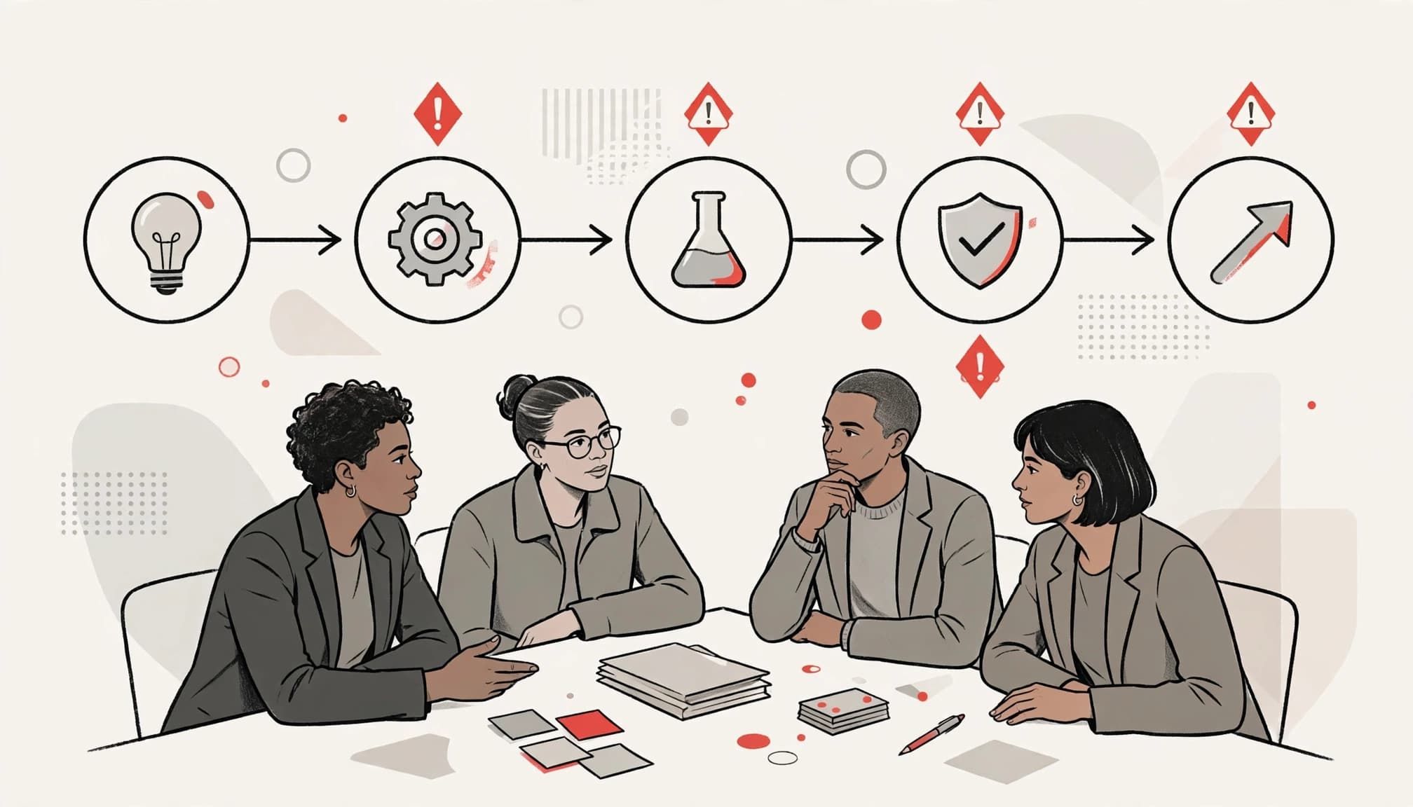 Four executives review project stages and decision points around a table.