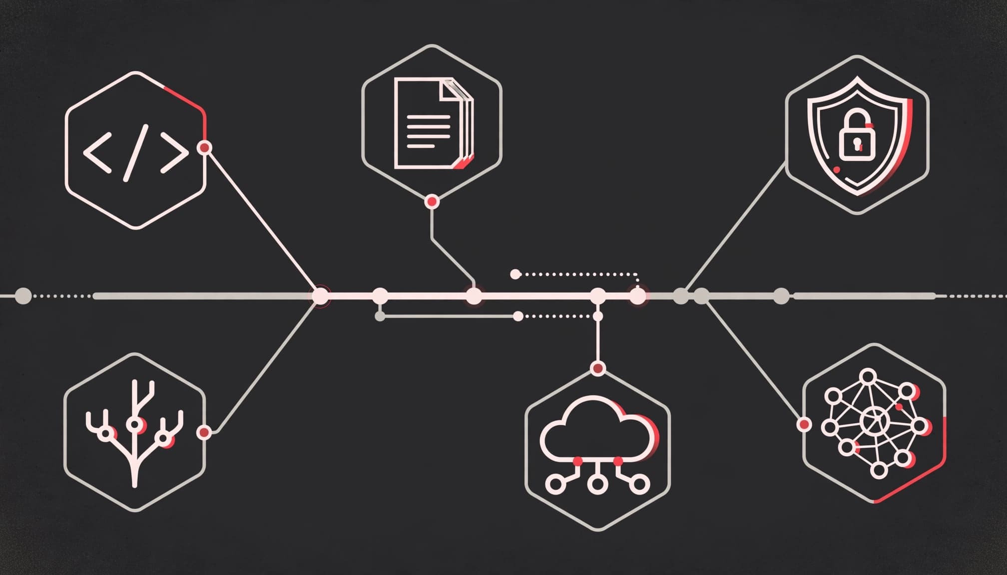 Connected technology risk icons surround a central acquisition pathway on a dark background.