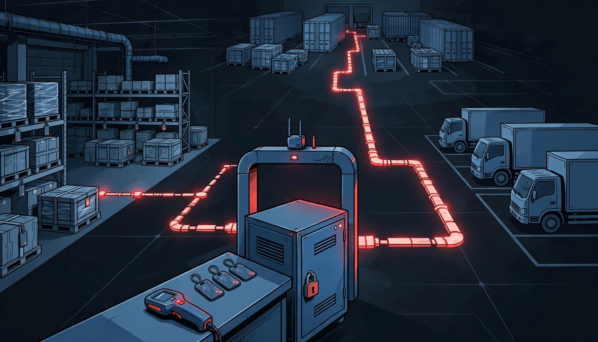 Warehouse checkpoint with RFID tags, a scanner, locked cabinet, and connected light paths.