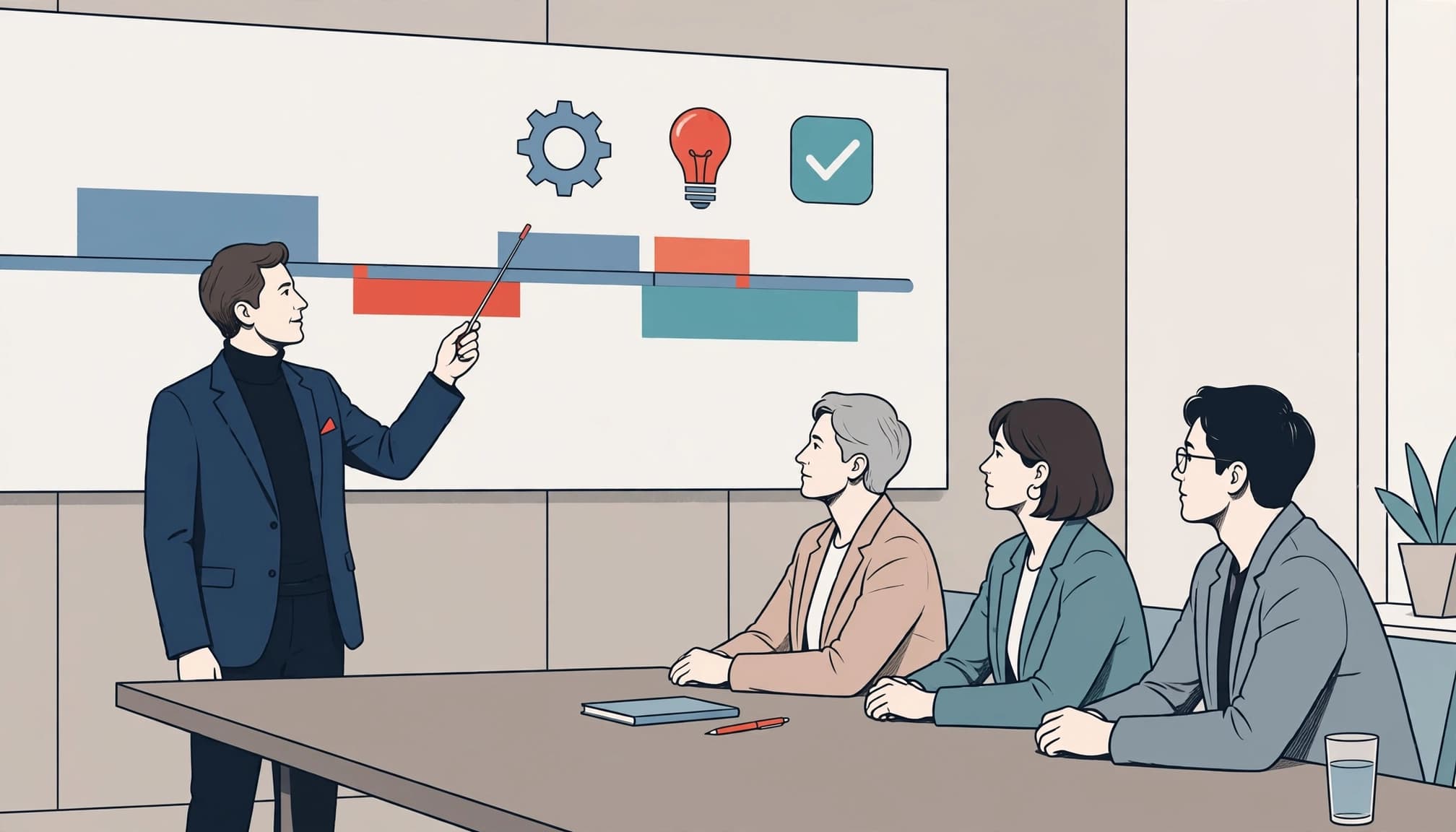 A presenter points to a roadmap on a board for three seated colleagues.
