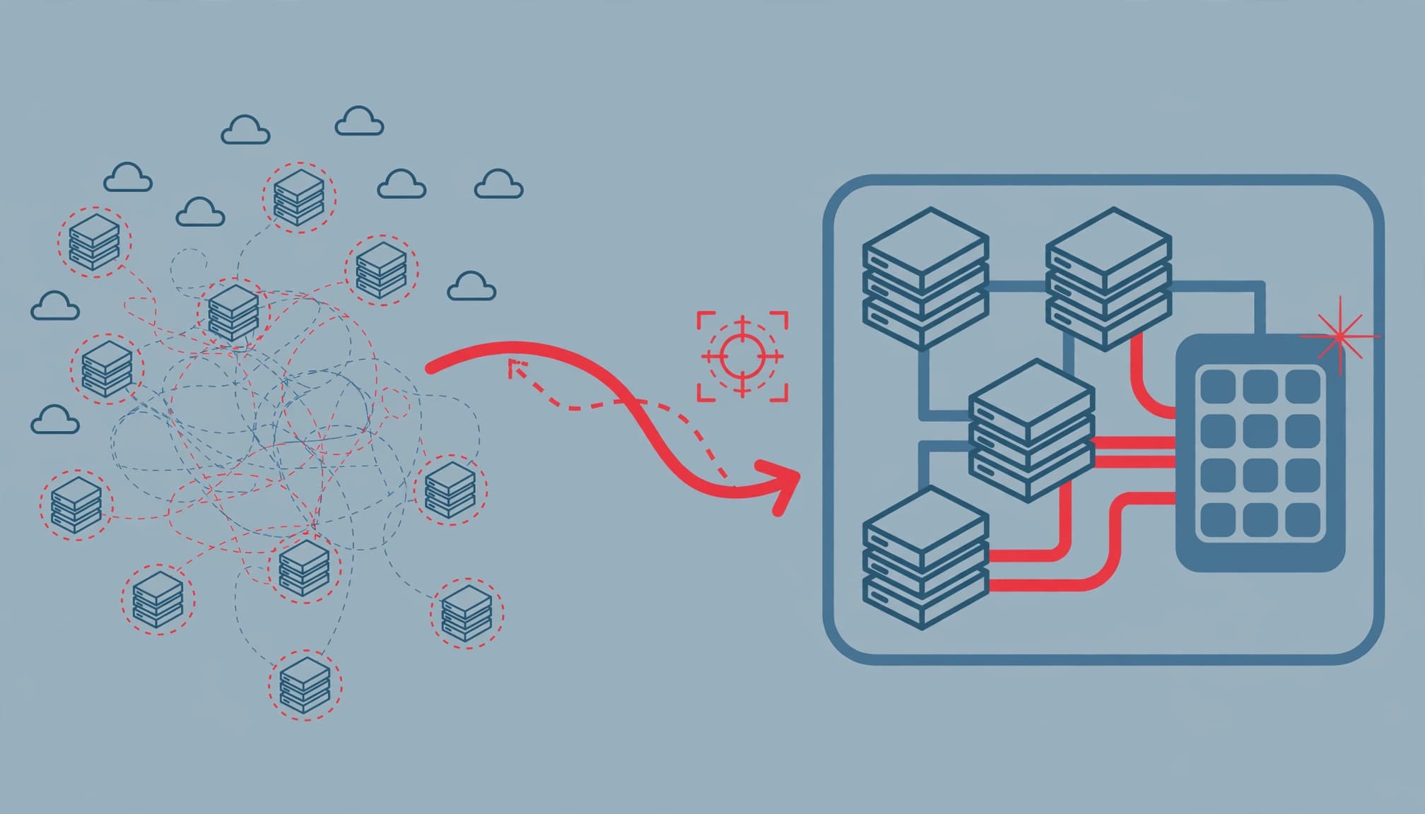A digital illustration shows a scattered network of servers being consolidated into an organized footprint.