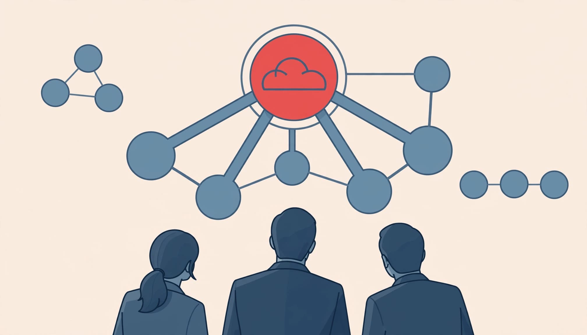 Three executives from behind view a network map of nodes connected to a red cloud icon.