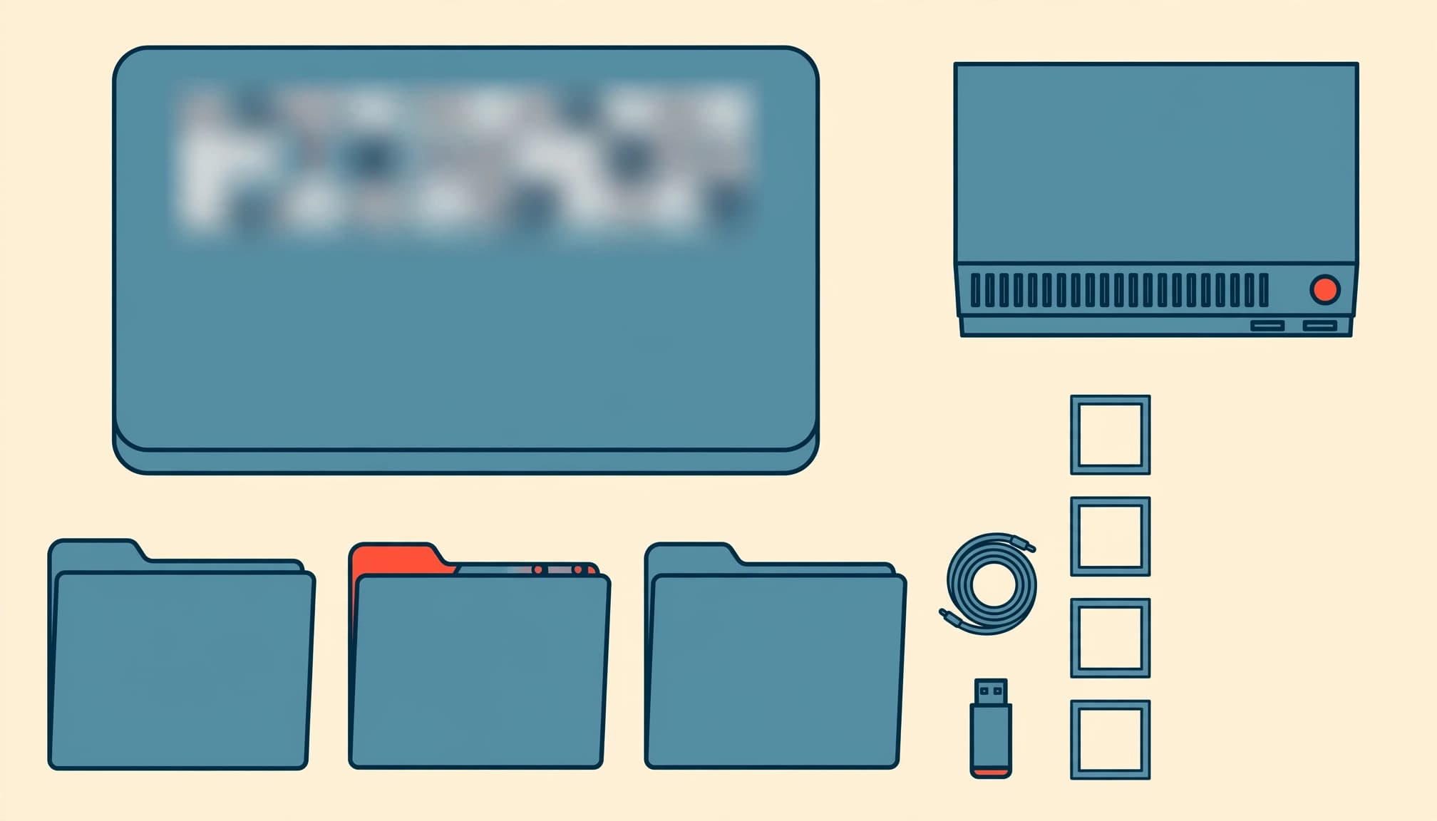 A laptop, build folders, server, and blank checklist form a test kit.
