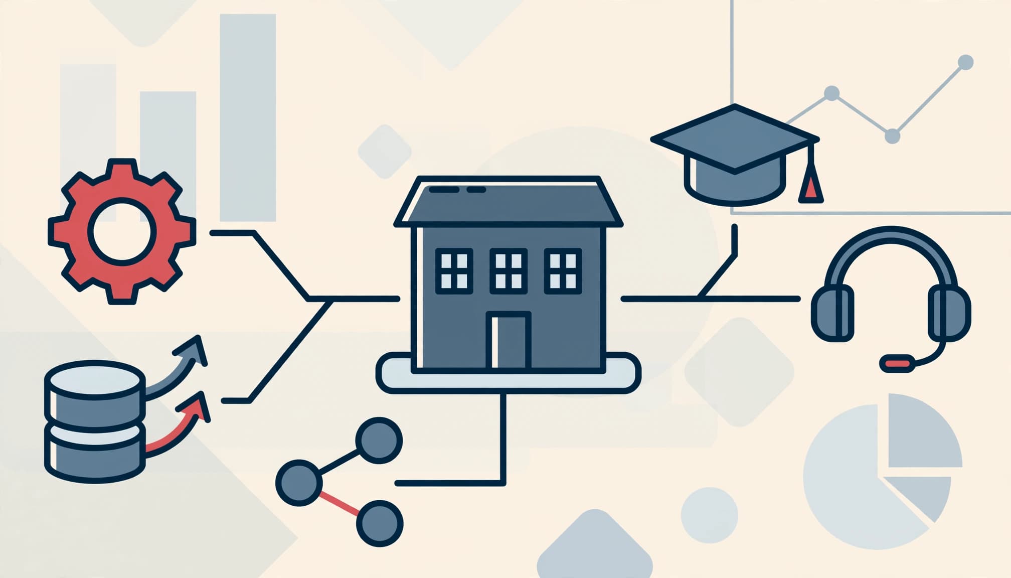 An illustration of a central building connected to icons representing various workstreams like a gear and headset.