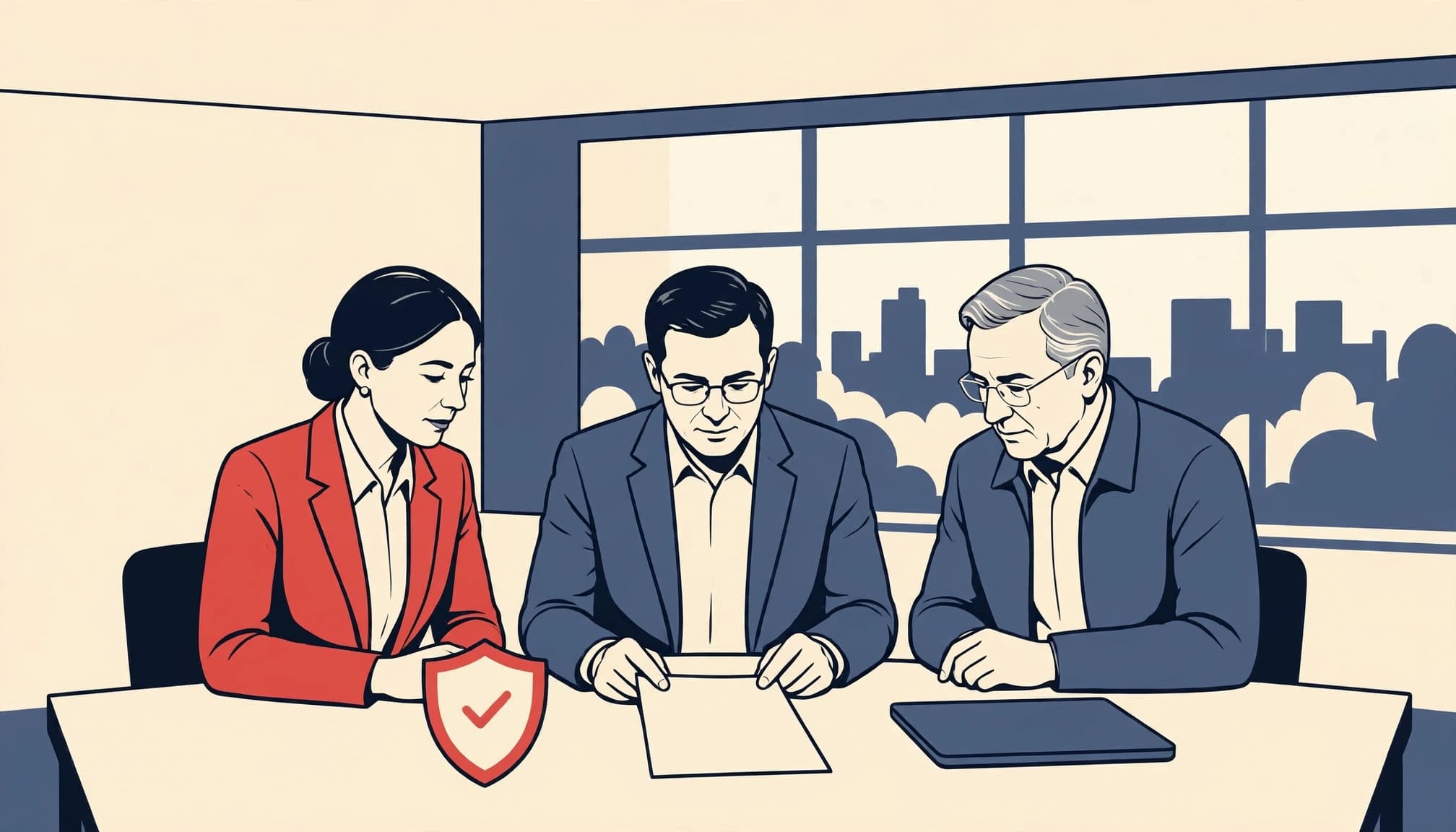 A 2D illustration of three executives reviewing a document at a conference table with a shield icon.