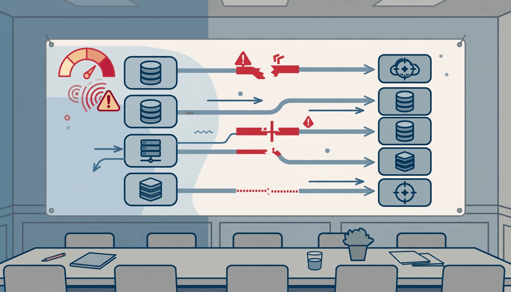 A boardroom wall diagram shows data blocks linked by lines, with a few broken links in red.
