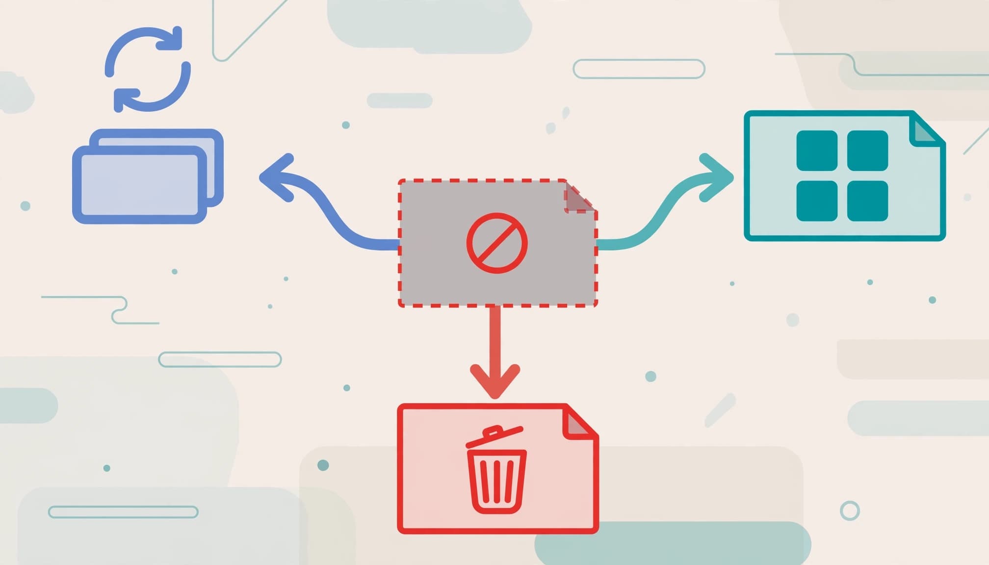 A flat illustration showing a central dashed page branching into three distinct routing options.