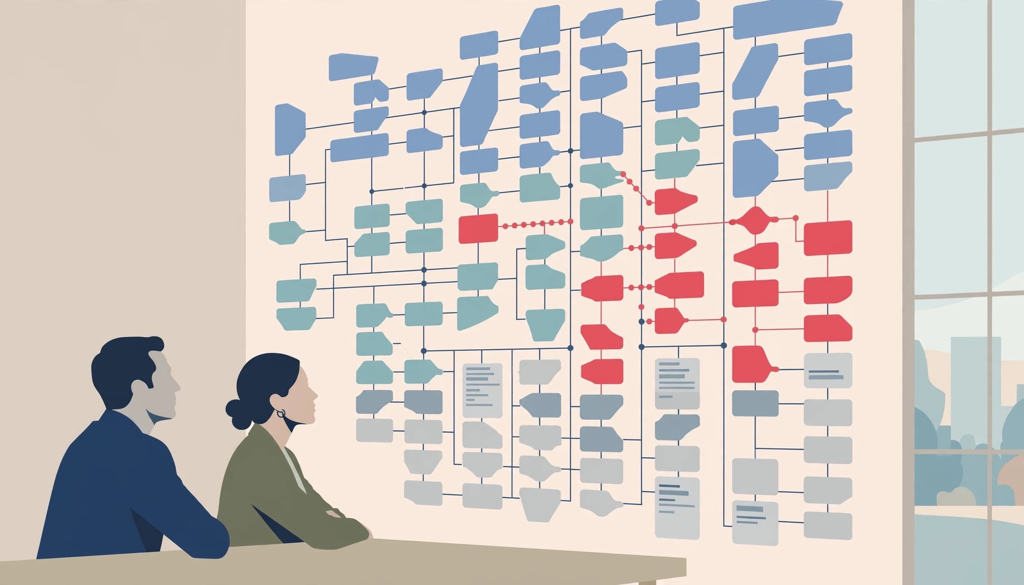 Two people in profile view looking at a large wall-sized workflow chart with red and blue shapes.