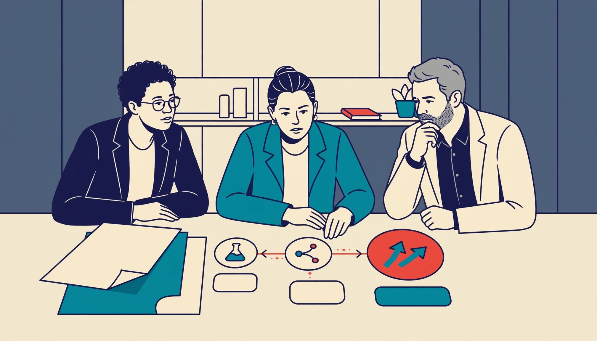 Three people reviewing a strategy diagram on a table in a modern boardroom.