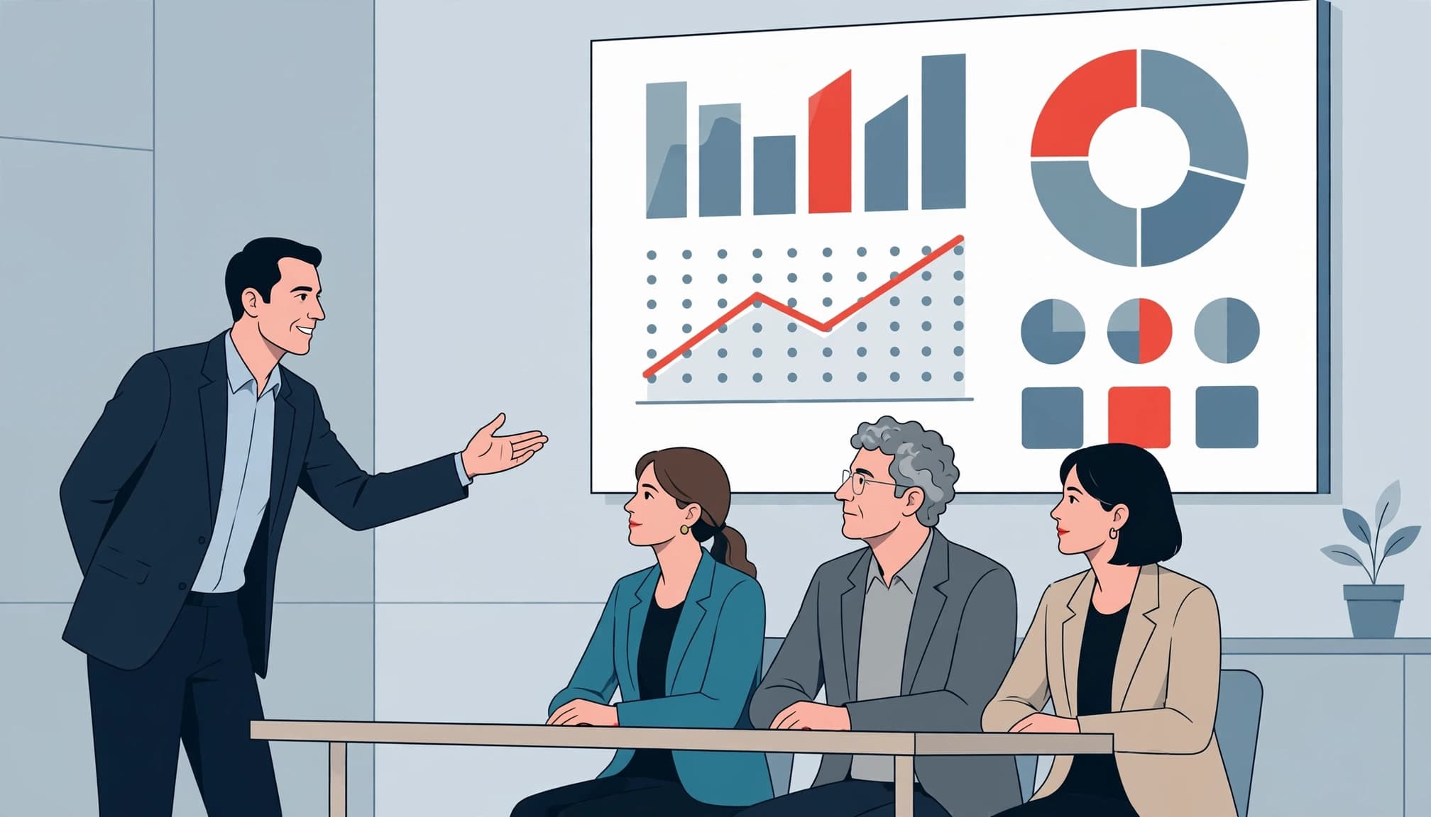 A presenter in a suit points to a large board with abstract charts while three executives watch.