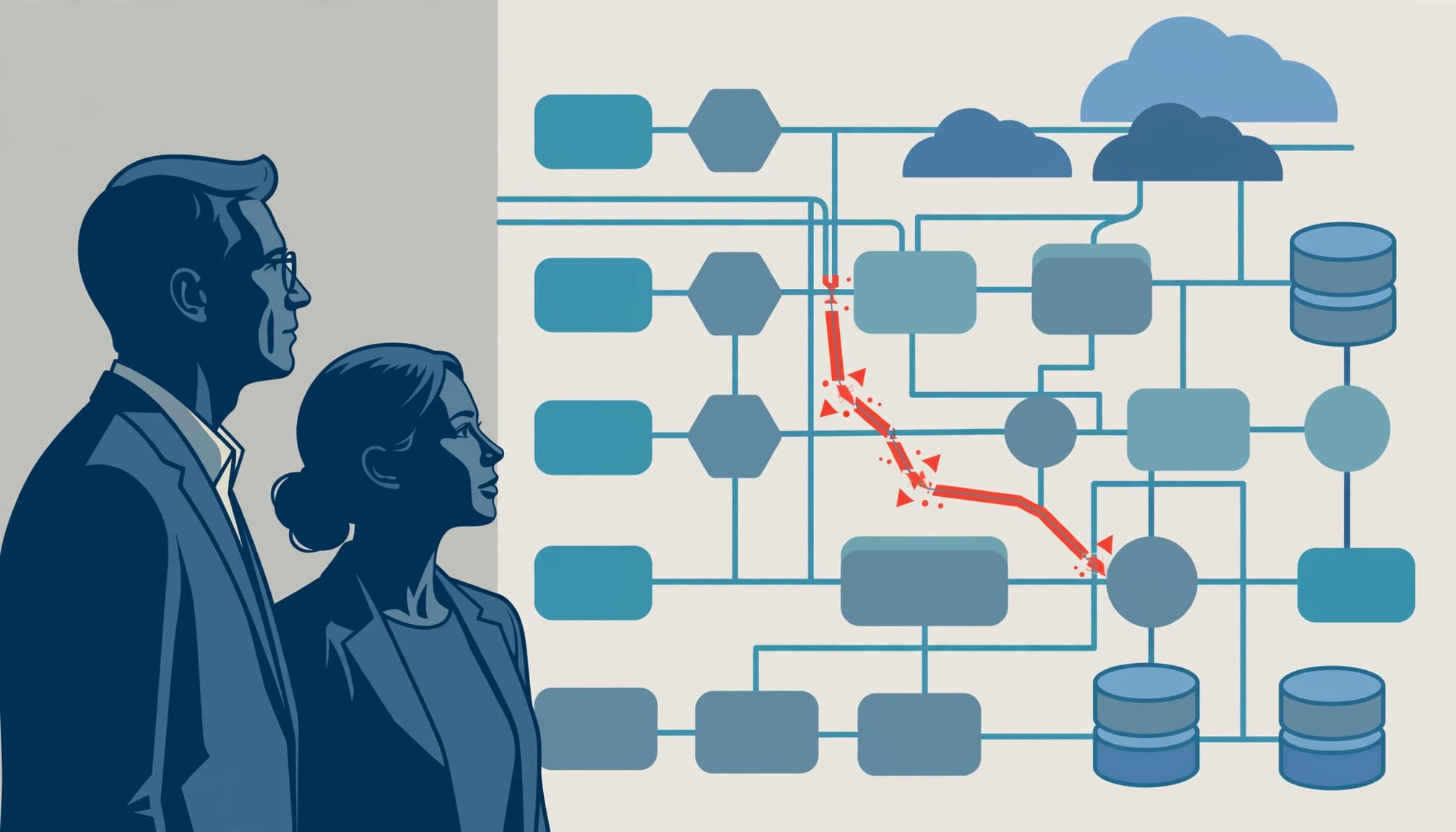 Two business leaders in profile look at a technology architecture map with a highlighted red bottleneck.
