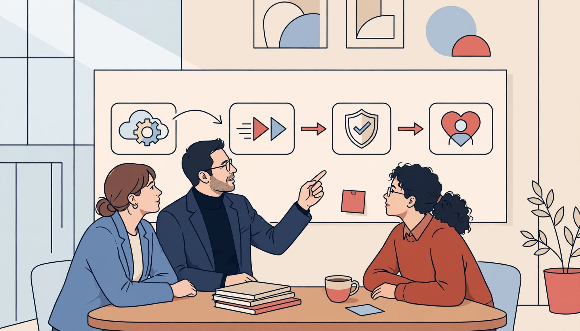 Three executives discuss a wall diagram connecting software use with business results.