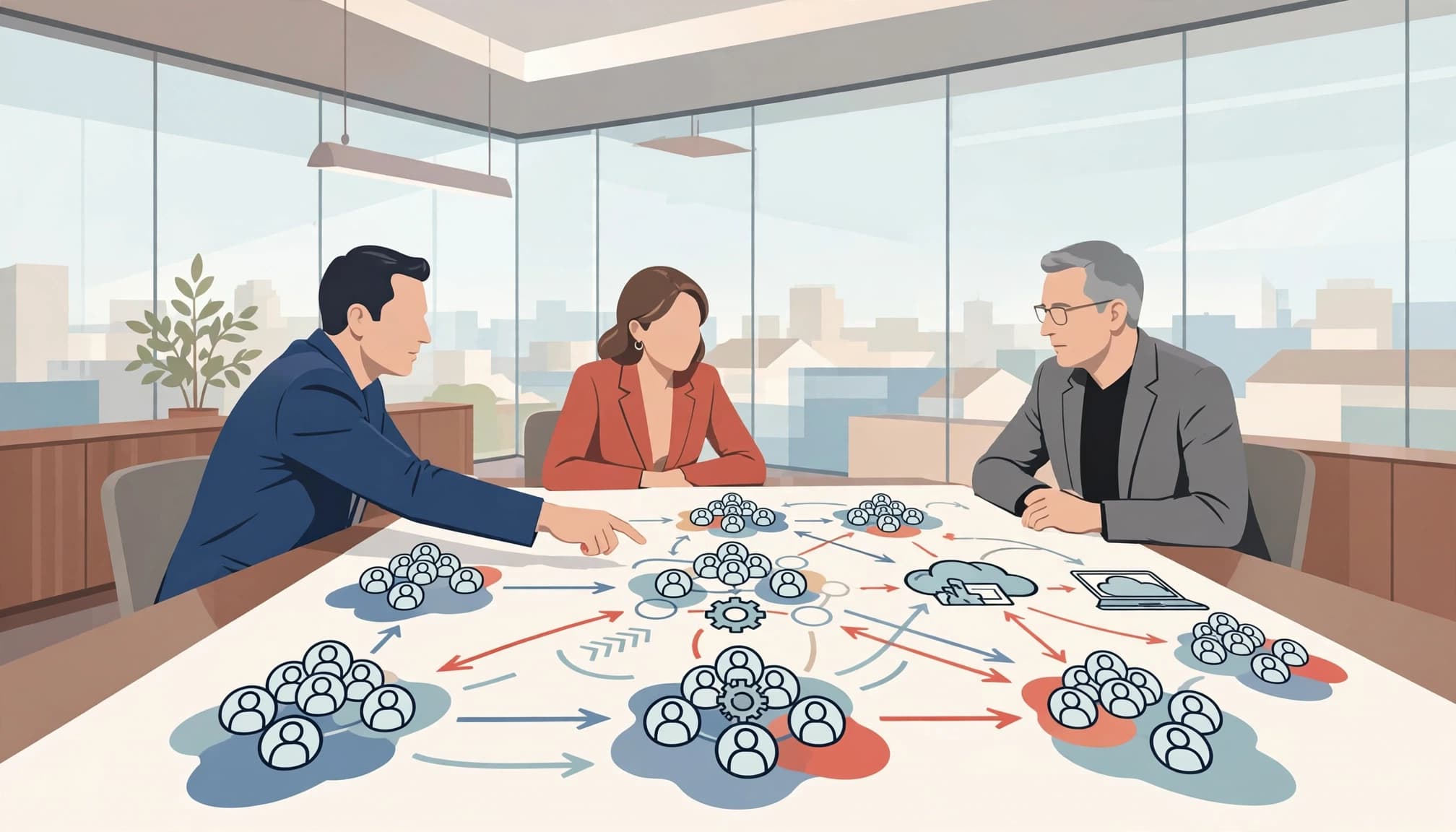Three executives seated around a table reviewing a large workforce capacity map.