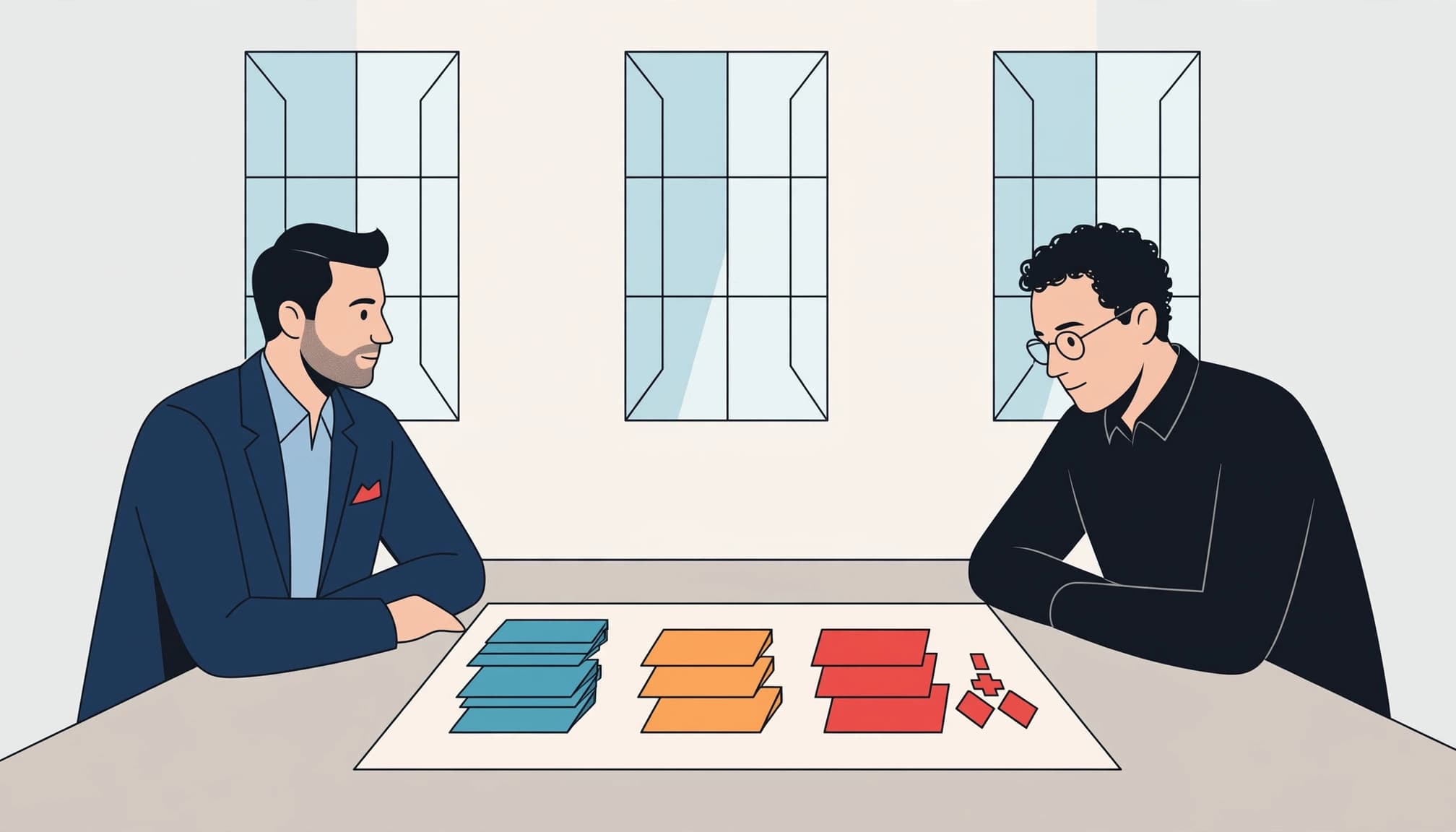 Two people seated at a table reviewing abstract colored blocks representing a compensation plan.