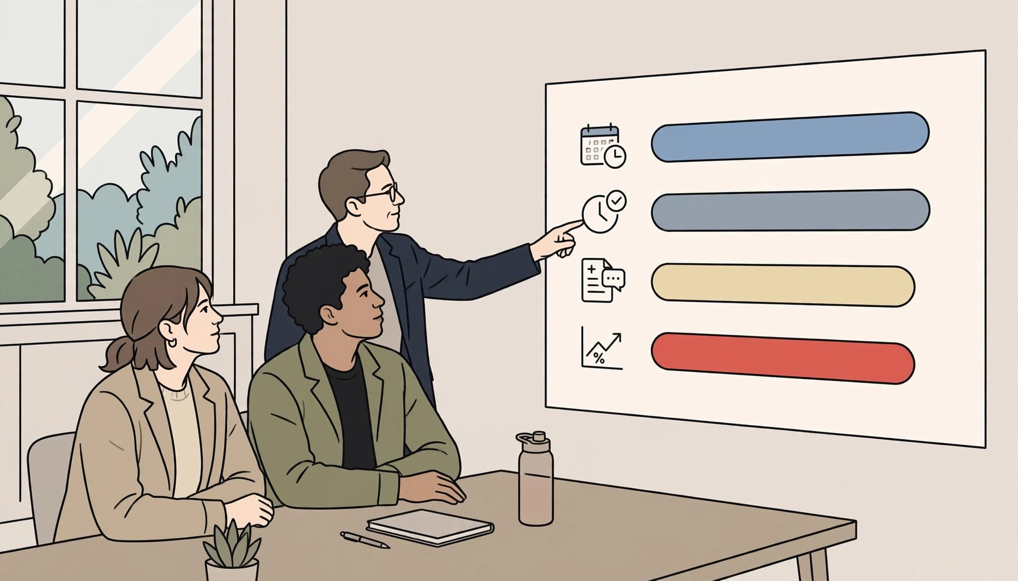 Three executives review a performance dashboard with colorful bars on a wall display.