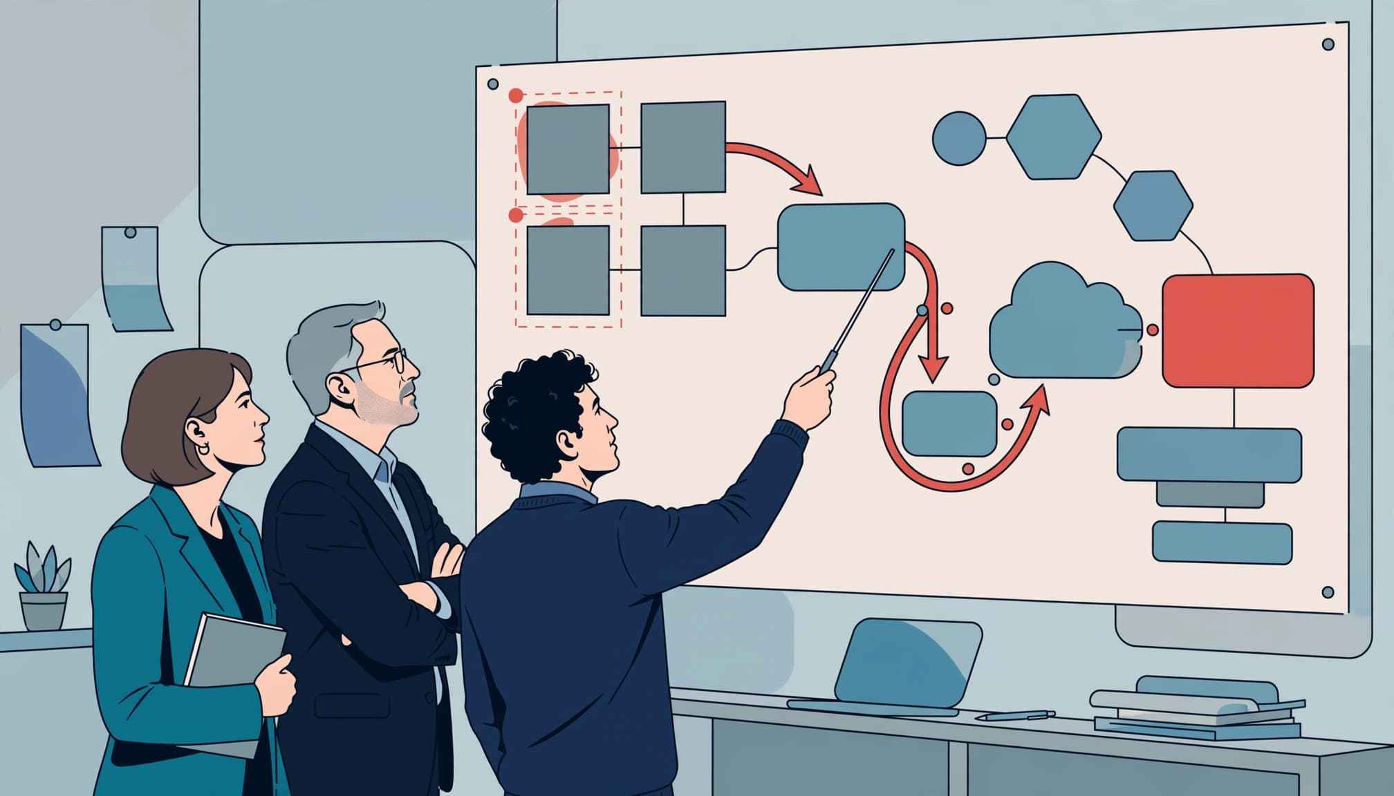 Three executives review a software lifecycle map as one points to aging systems.