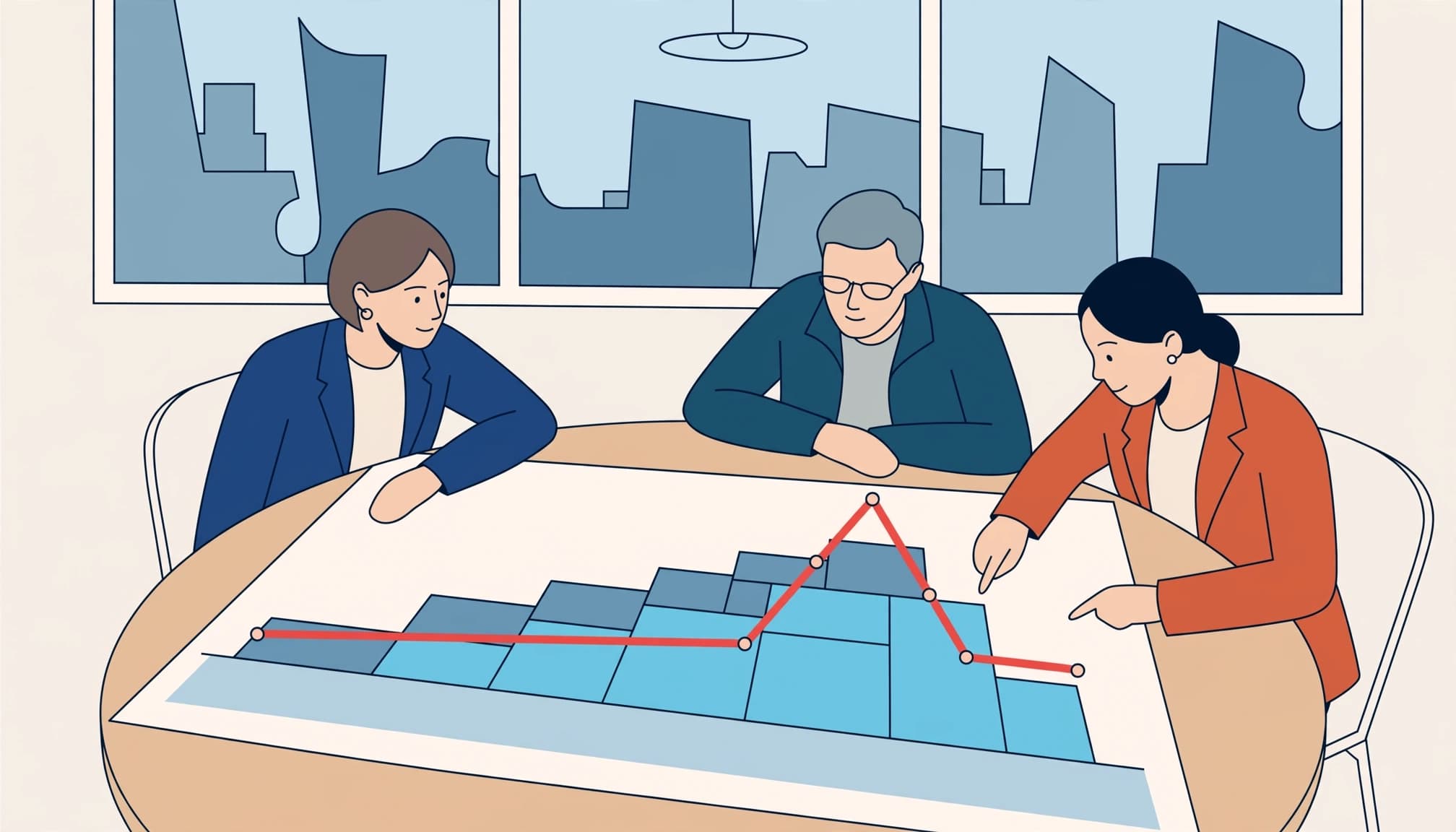 Three executives review a chart with a red spike and cost blocks.