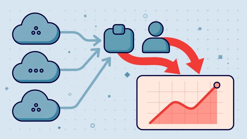Cloud nodes connect to product and customer icons beside a rising margin chart.