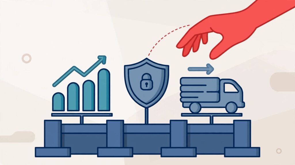 A business chart, shield, and delivery mechanism rest on a sturdy base beside a red guiding hand.