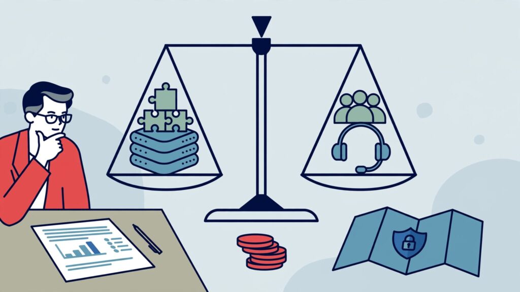 A CEO weighs software costs and support against a stack of coins and a roadmap.
