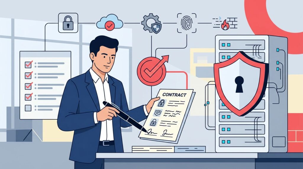 A CEO reviews a cybersecurity contract beside a protected server.
