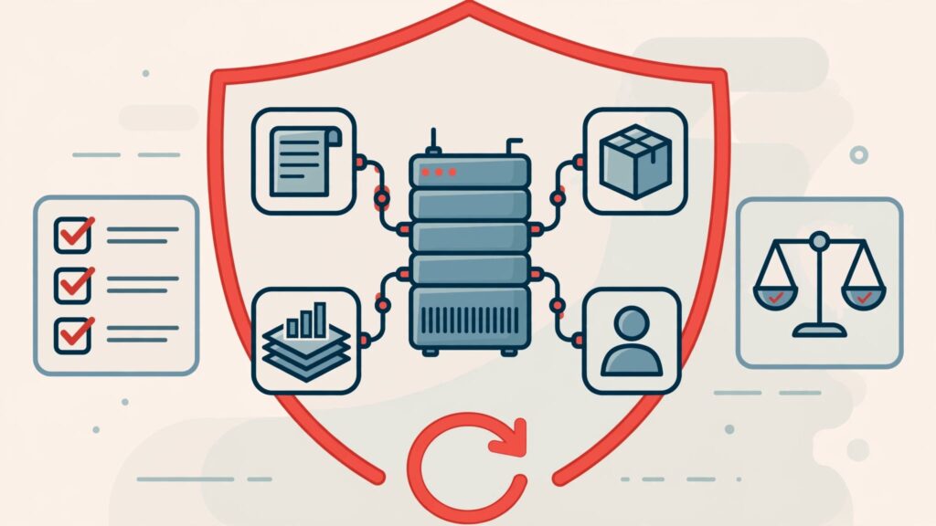 A shielded server connects to data icons, a checklist, and a recovery arrow.