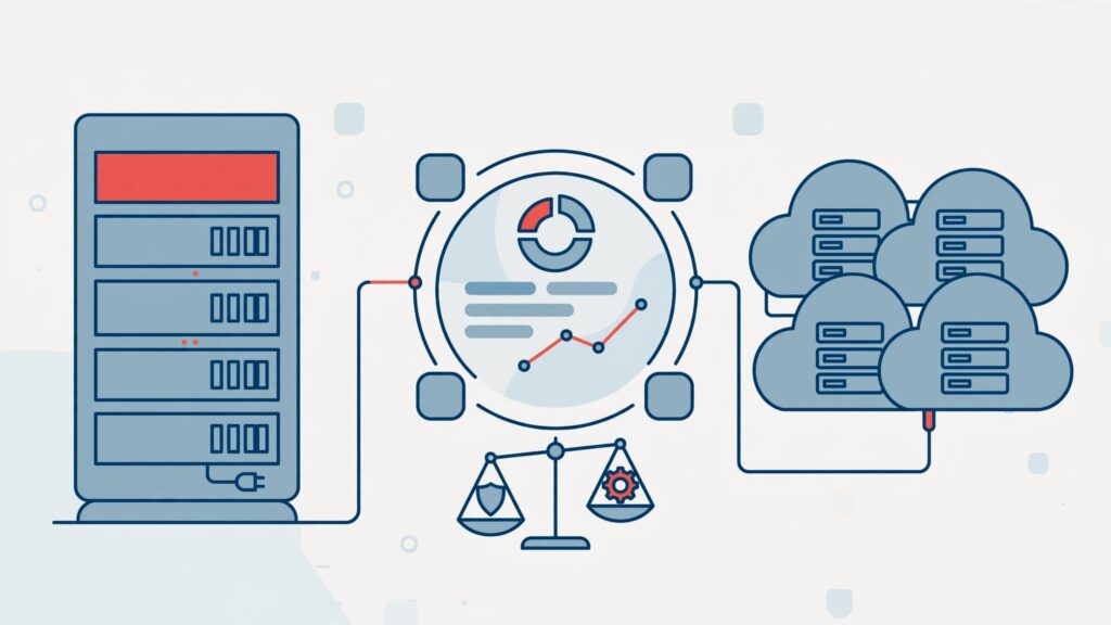 A dedicated server rack and shared cloud servers connect to an abstract dashboard beside a balance scale.