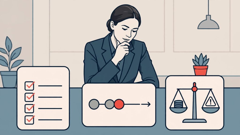 An executive reviews a sales proposal beside a checklist, roadmap, and balance scale.