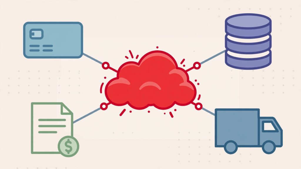 Four business service icons connect to a shared cloud hub highlighted in red.