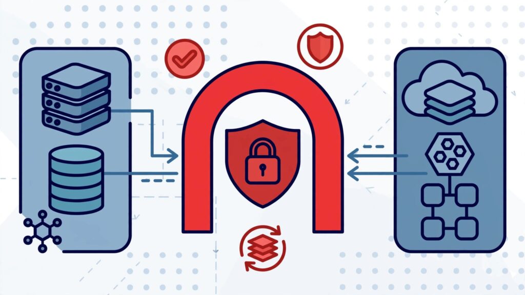 Two business systems connect through a central gateway with data flow and backup symbols.