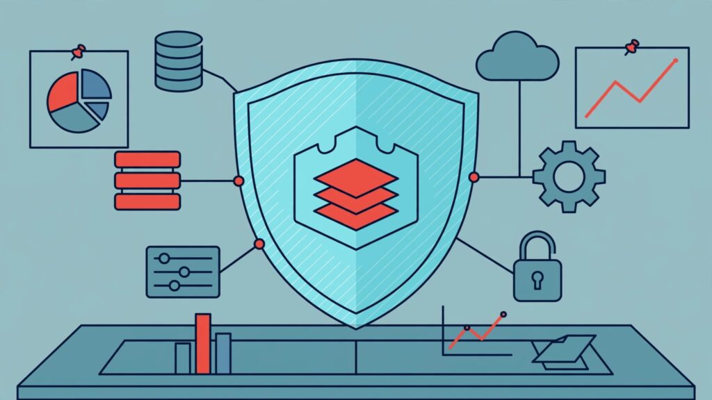 A glass shield protects a software package linked to smaller components, with charts in the background.
