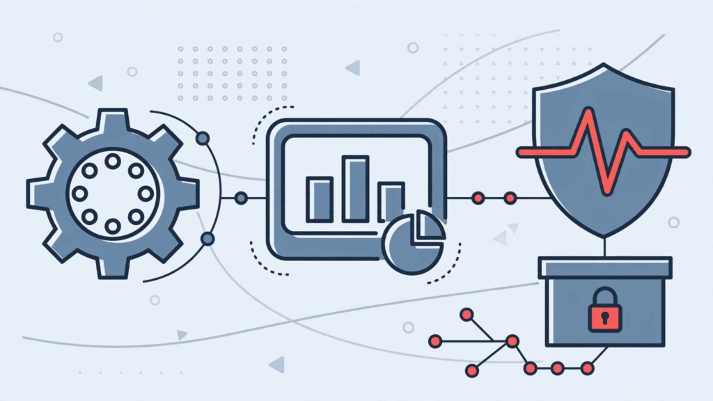 A dashboard passes from a gear to a support lifeline beside connected data nodes and an archive box.