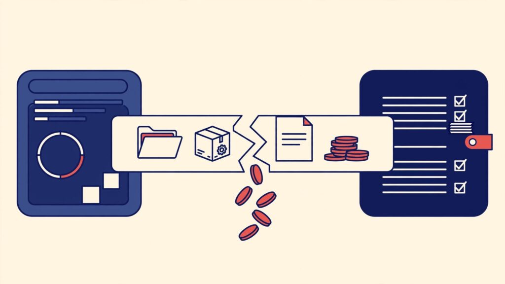 A contract, delivery box, invoice, and coins sit between two dashboards, with coins slipping through a gap.
