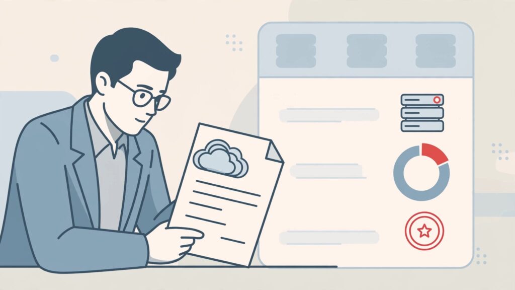 A CEO reviews a service agreement beside a server dashboard and availability gauge.