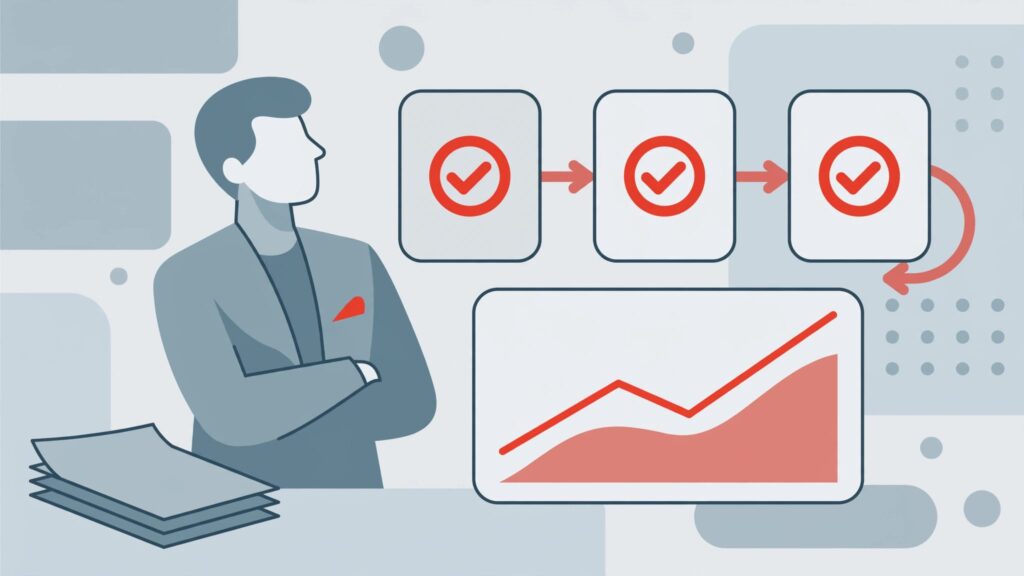 A business leader reviews completed workflows beside an upward chart and unused spreadsheets.