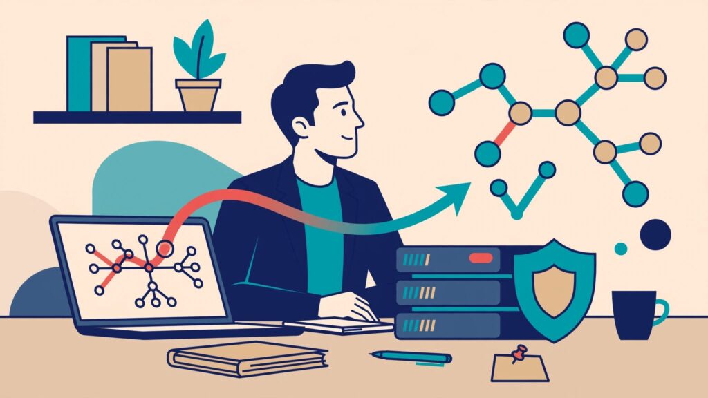 An executive reviews a plan beside a laptop, servers, shield, and connected nodes.