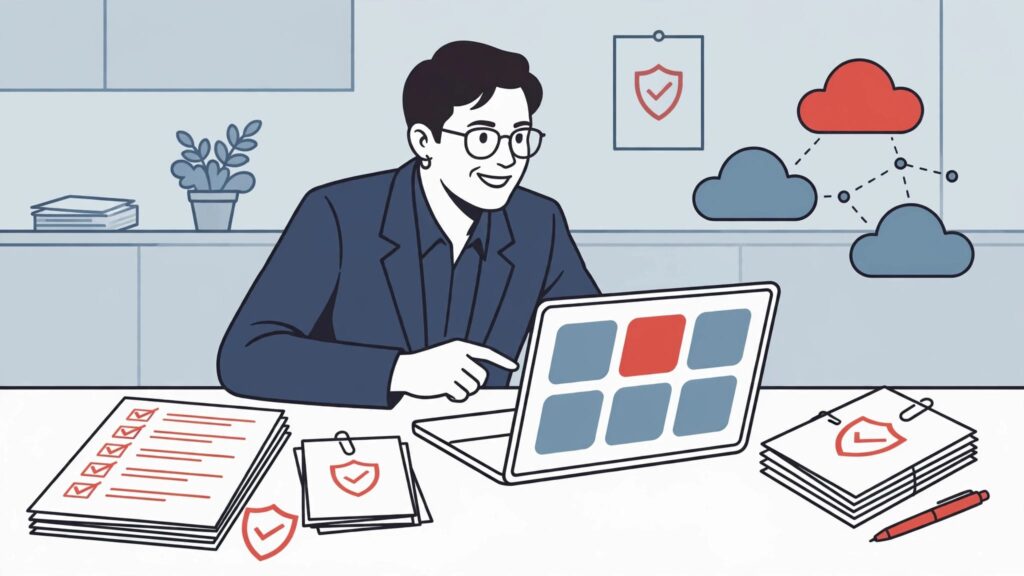 A CEO reviews license papers beside a laptop, shield, checklist, and cloud icons.