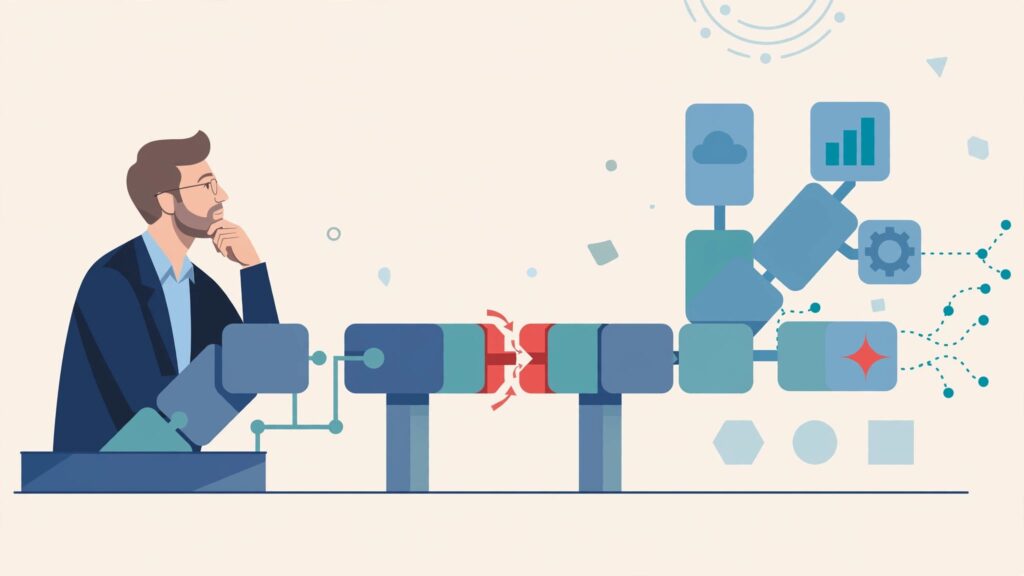 A business leader examines connected technology blocks narrowed by a red bottleneck.