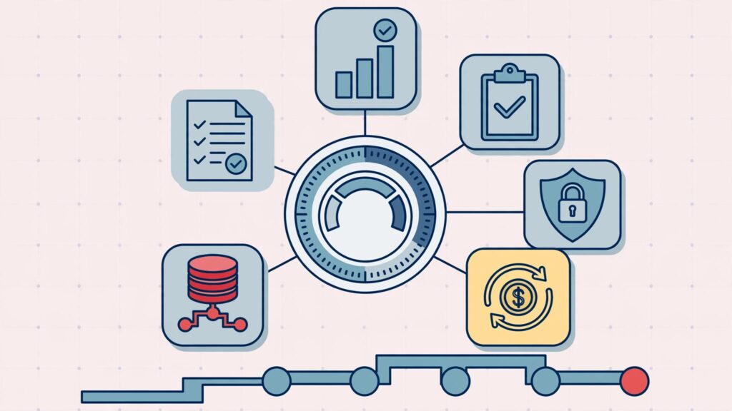 A technology dashboard surrounded by roadmap symbols and a red funding marker.