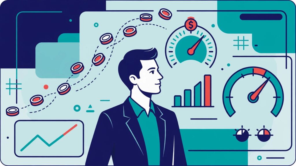 An executive compares rising software usage costs with a business outcome gauge.