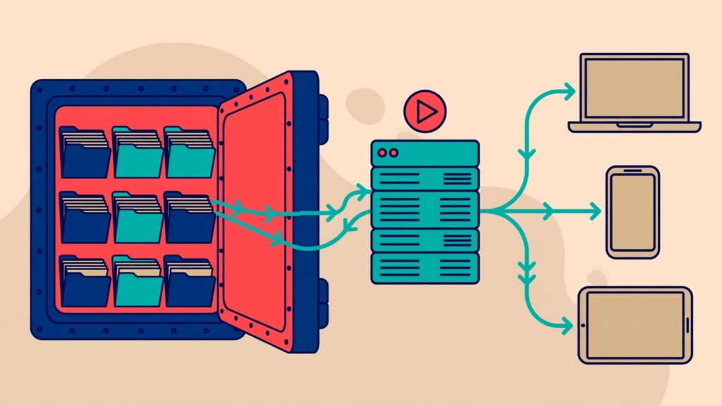 An open code vault connects through a server to customer devices.
