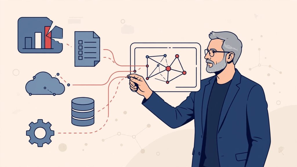 A senior professional reviews a dashboard as scattered report panels and system icons join into a network.