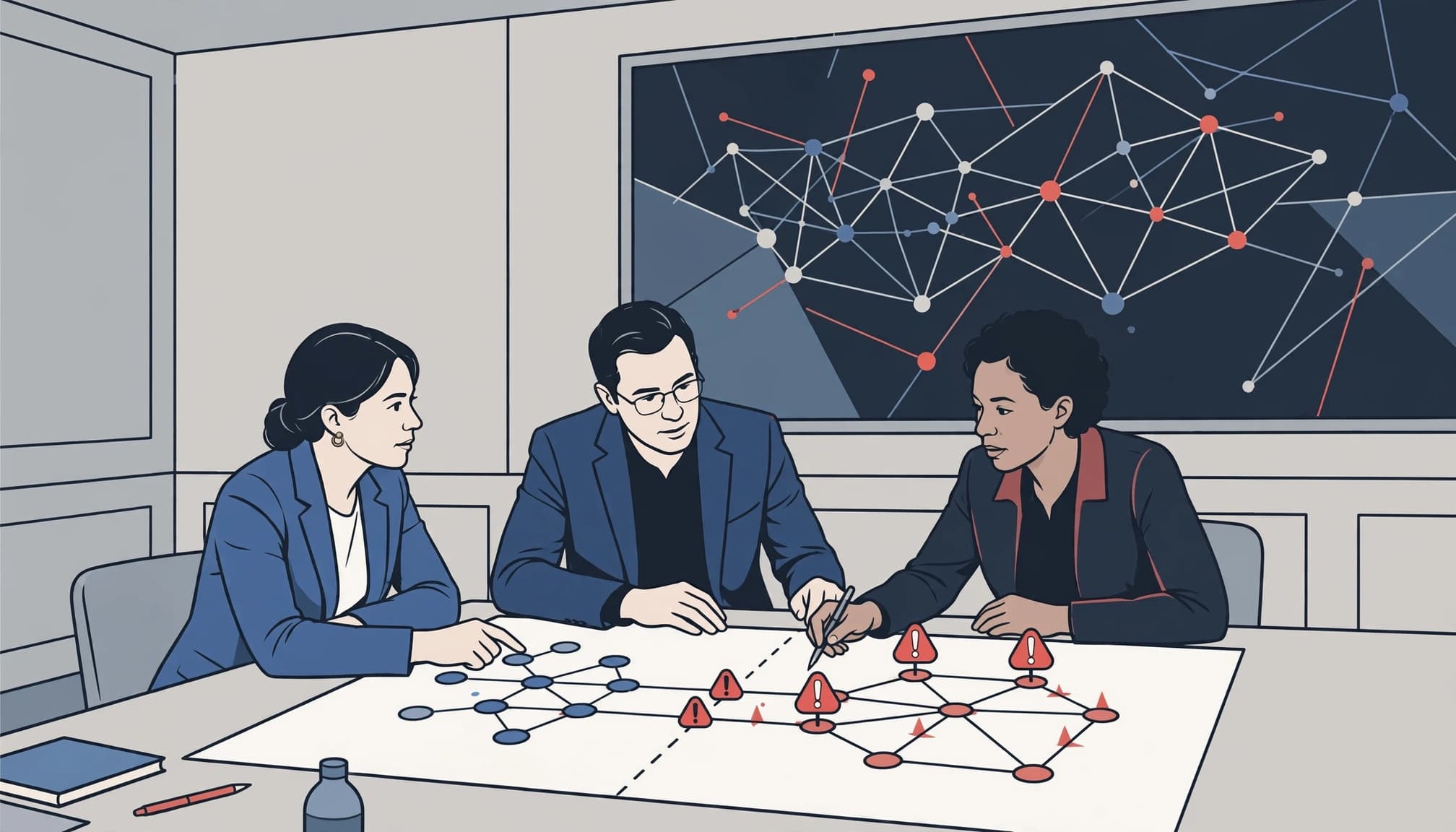 Three executives review a network map around a table beside a large display.