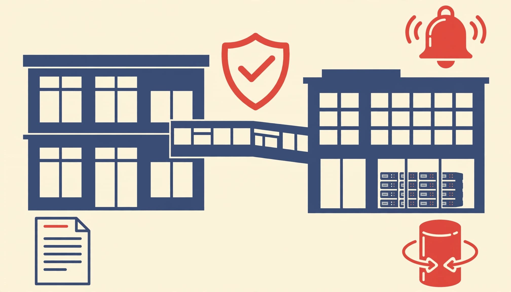 A flat illustration of two blue office buildings connected by a bridge with security symbols.