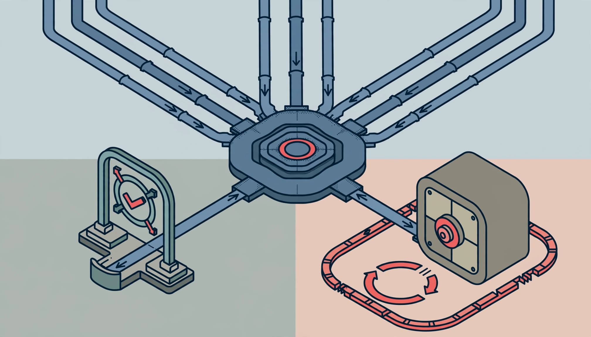 Three data routes lead to a new system beside a checkpoint and backup vault.