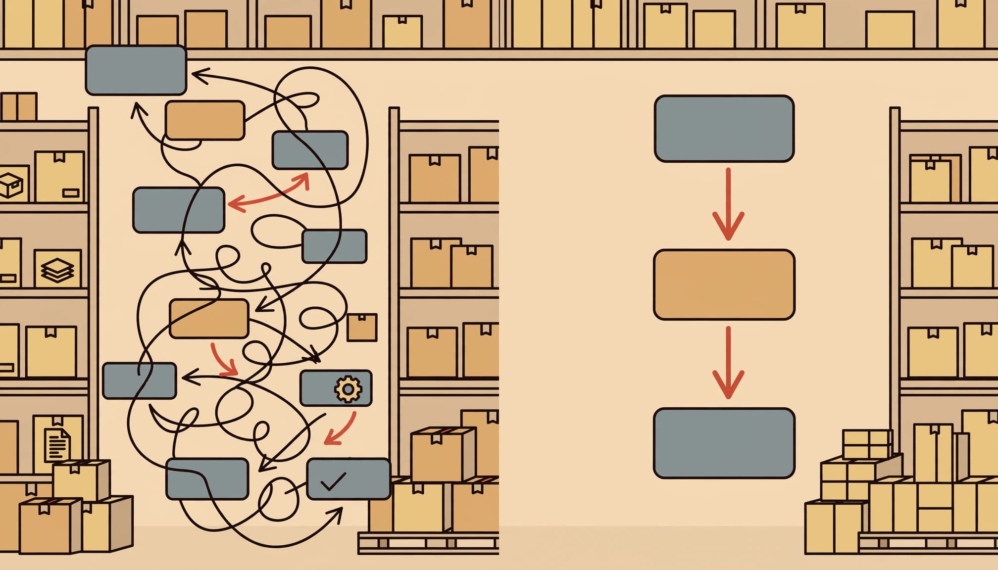 A tangled task lane sits beside a shorter workflow among warehouse shelves and parcels.