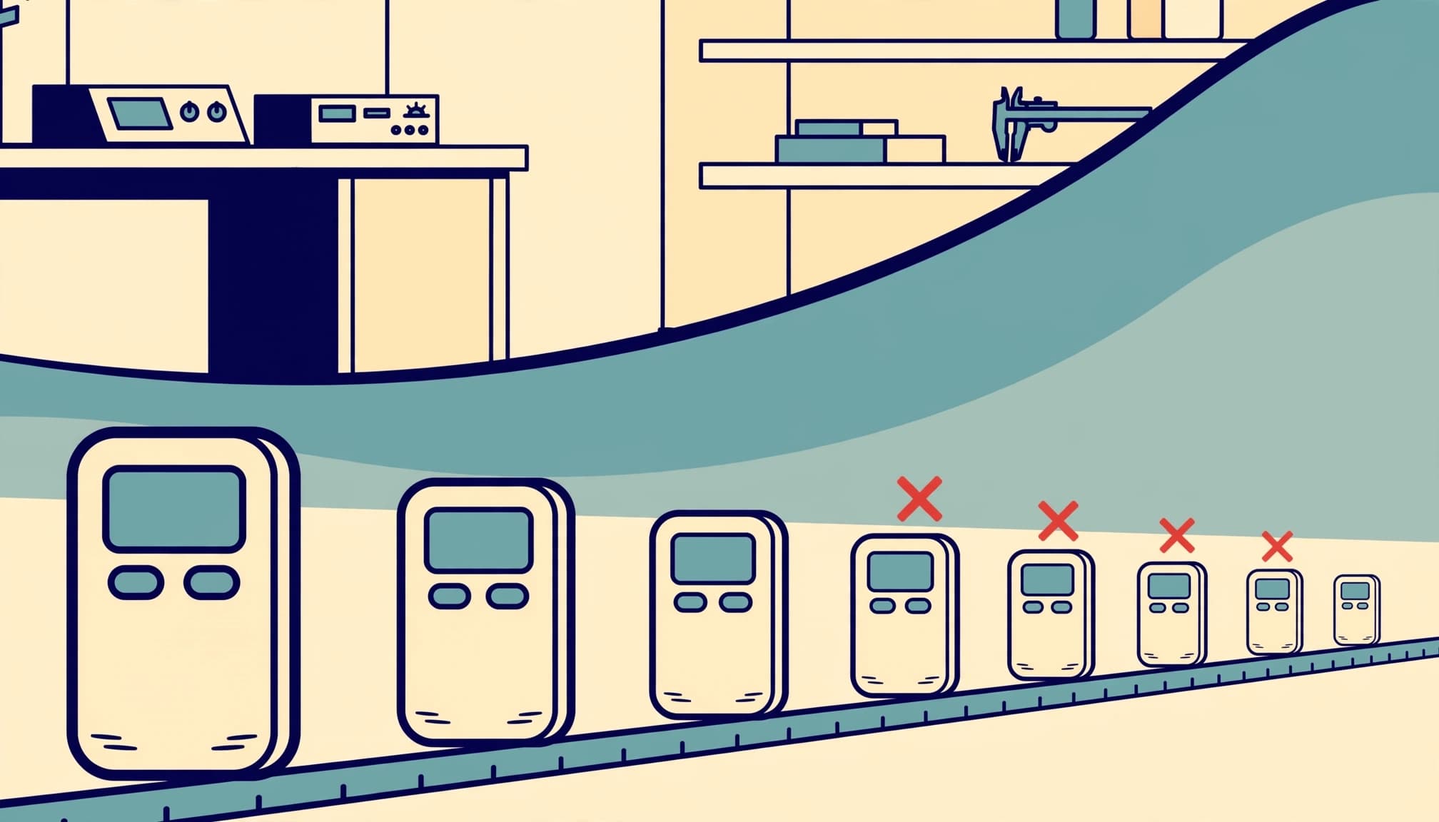 An editorial illustration of identical consumer devices moving along a timeline with failure markers.