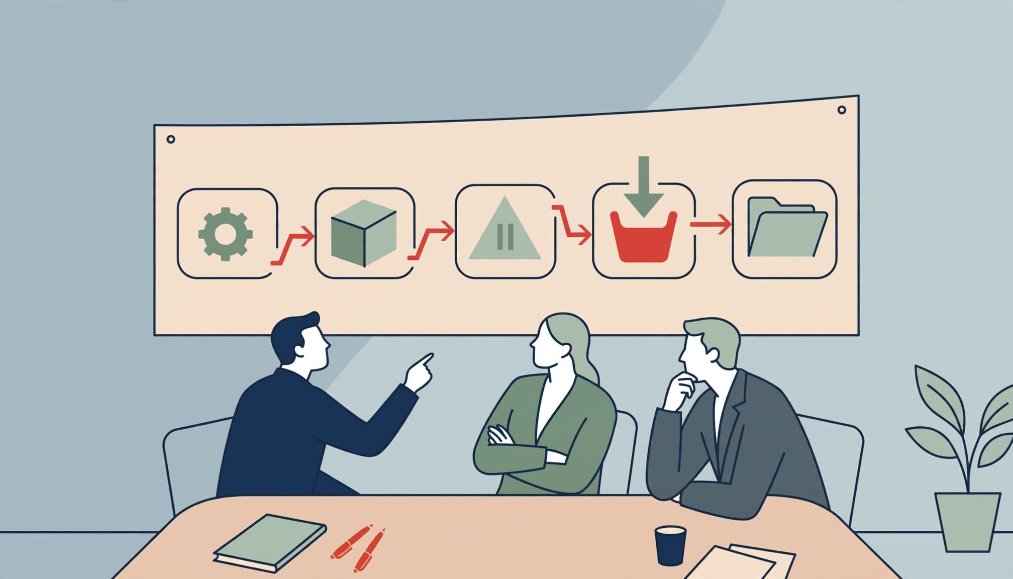 Three executives review a lifecycle timeline on a wall board in a conference room.