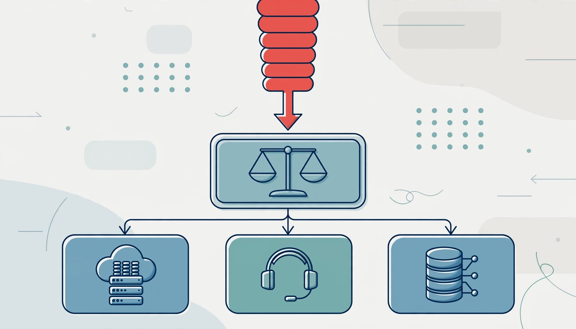 A 2D vector illustration of a SaaS finance flowchart with revenue flowing into a balance scale and three infrastructure cost blocks.